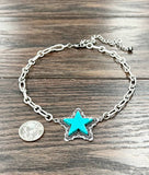 Star Turquoise Pendant Necklace – Cable Chain Western Style, Adjustable 15–20"