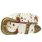 Western Cowgirl Genuine Brown Cow Hair Leather Belt Embossed Buckle