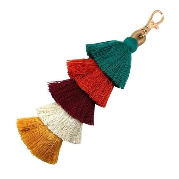 Green, Rust, Maroon, Ivory, Mustard Cascading Tassels Bag Charm