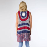 Victory Cotton Crochet Fringe Vest Americana Patriotic Red White Blue
