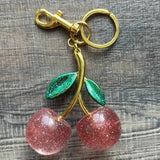 Cherry Bag Purse Charm Keychain Glitter Pink Gold Painted Leaves
