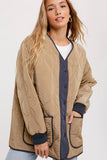 Color Block Lightweight Quilted Button Front Jacket Olive