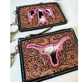 Longhorn Western Cowhide Tooled Leather Keychain Wallet Pink Outline