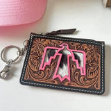 Pink Thunderbird Western Cowhide Tooled Leather Keychain Wallet