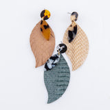 Animal Print Feather Drop Earrings Resin Accents Brown