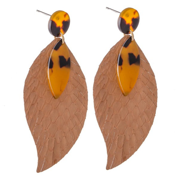 Animal Print Feather Drop Earrings Resin Accents Brown