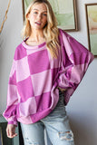 Checkered Long Sleeve Crewneck Sweatshirt Magenta