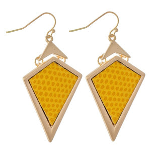 Metal Encased Vegan Leather Hinge Drop Triangular Earrings Mustard Yellow