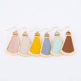 Metal Encased Vegan Leather Geometric Hinge Drop Earrings Mustard Yellow