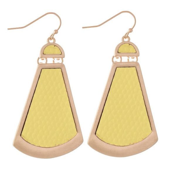 Metal Encased Vegan Leather Geometric Hinge Drop Earrings Mustard Yellow