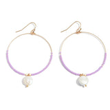 Seed Beaded Circular Drop Earrings with Pearl Accent – Purple & Gold