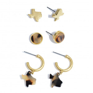 3 PC Acrylic Texas State Stud Hoop Earring Set.