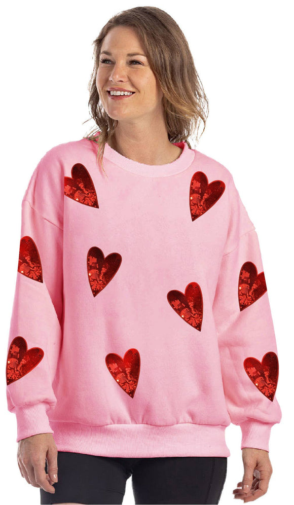 Pink Sequined Hearts Chenille Patch Sweatshirt