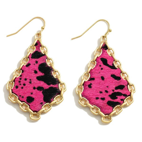 Chain Link & Leather Cow Print Drop Earrings – Fuchsia