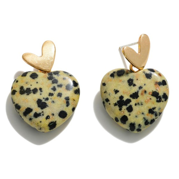 Natural Stone Heart Drop Earrings Dalmatian Jasper