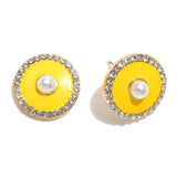 Yellow Enamel Stud Earrings | Pearl & Rhinestone Accents | Gold Tone