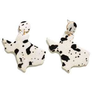 Black  White Cow Print State of Texas Drop Earrings