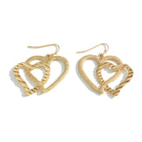 Double Heart Drop Earrings | Worn Gold Tone | Romantic Everyday Jewelry