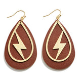 Vegan Leather Lightning Bolt Statement Earrings | Brown & Gold Drop