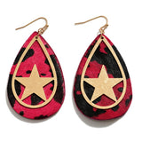 Fuchsia Pink Cow Print Leather Statement Earring With Gold Star Overlay