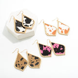 Animal Cow Print Diamond Shape Drop Earrings Hot Pink Black