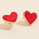 Heart Druzy Stone Stud Earrings - Red Sparkle Statement Jewelry