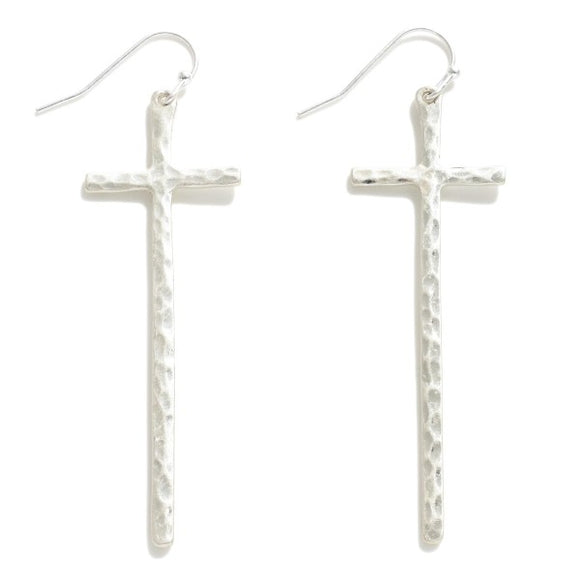 Long Metal Cross Drop Earrings With Hammered Texture