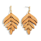 Linked Wooden Tiered Leaf Drop Earrings Brown