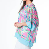 Lexi Boho Tropical Brush Sheer One Size Poncho Cover up Teal Pink
