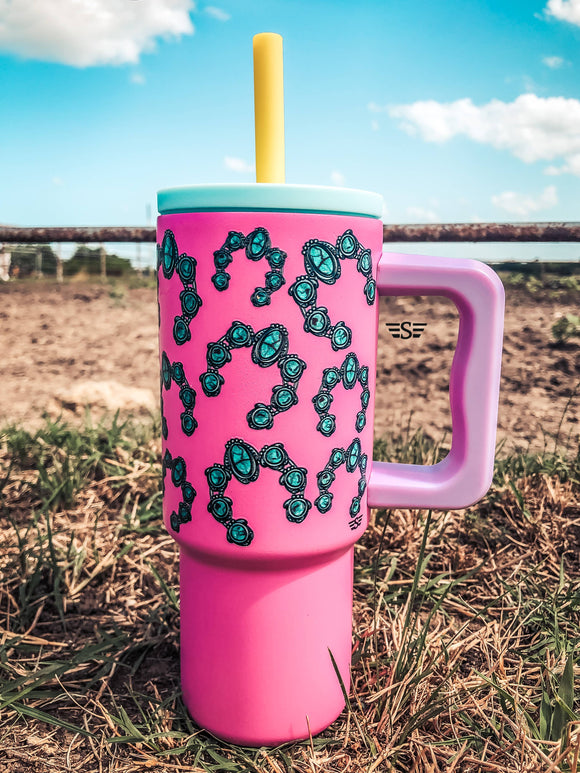 Hot Pink Turquoise Squash Blossom Western 24oz Stainless Steel Tumbler Cup with Handle