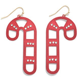 Metal Candy Cane Drop Earrings with Crystal Rhinestone Accents Red