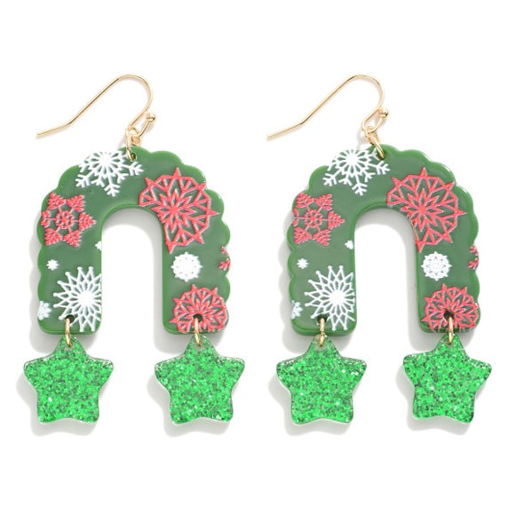 Acrylic Snowflake Garland Arch Drop Earrings with Glitter Star Dangle Green