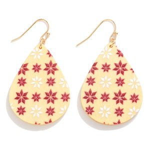 Wooden Teardrop Snowflake Print Drop Earrings Red Beige