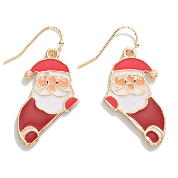 Gold Tone and Enamel Santa Drop Earrings