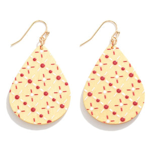 Wooden Teardrop Christmas Quilt Pattern Drop Earrings Ivory, Red White