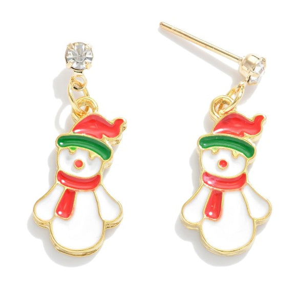 Dainty Enamel Snowman Drop Earrings Featuring Crystal Accents