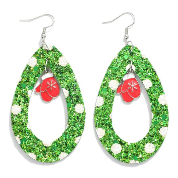 Green Glitter Christmas Teardrop Earrings with Red Enamel Mitten Charms