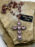 Pink Crystal Cross Charm Necklace | Rosary-Style Crystal Bead Chain | 18"