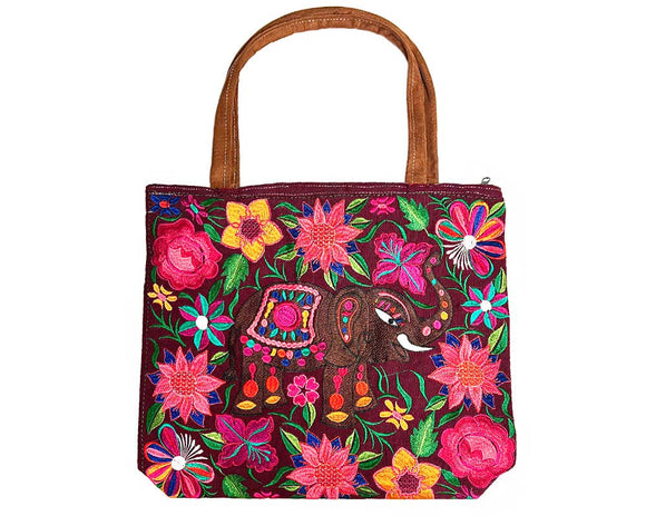 Embroidered Floral Elephant Large Suede Purse Tote Bag