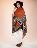 Southwest Western Aztec Border Ruana Wrap Shawl Rust