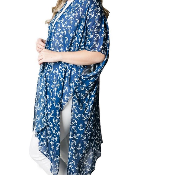 Kari Printed Lightweight Kimono Wrap Shawl Navy Blue White Anchors