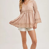Lace Trimmed Bell Sleeve V-Neck Blouse Nude Pink