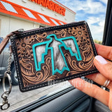 Turquoise Thunderbird Hand-Tooled Cowhide Leather Keychain Wallet