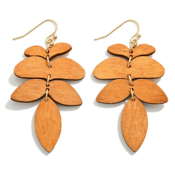 Wooden Linked Leaf Drop Earrings Brown