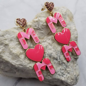 Hot Pink Heart MOM Crystal Dangle Earrings