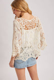 Boho Sheer Crochet Top - 3/4 Sleeve Lace Blouse Ivory