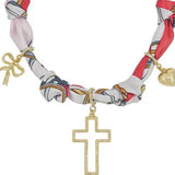 Red White Knotted Scarf Necklace with Heart, Cross, and Bow Charms Game Day
