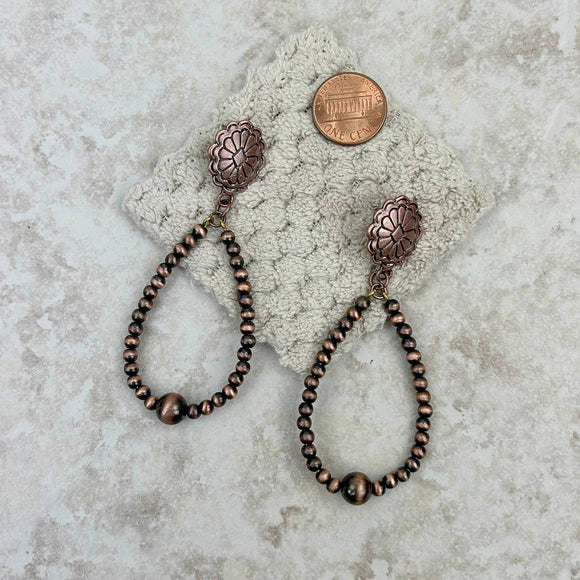Copper Concho with Navajo Pearl Like Bead Teardrop Earrings