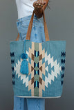 Light Blue, Cream & Tan Western Woven Cotton Tote Bag | Boho Pom Tassel Tote