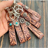 Brown Tooled Leather Keychains Bag Charm Style 4 Accent Silver Round Bull Skull